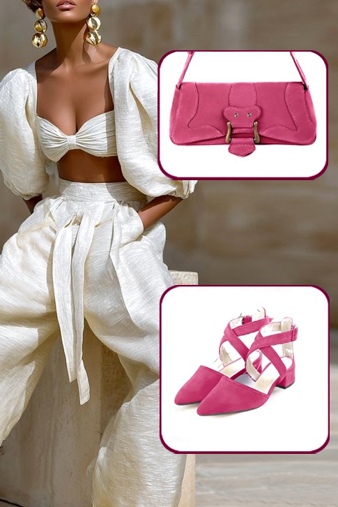 Dress closed-toe heels crossed straps in fuchsia pink leather with low flare heels and tapered toe - Worn view